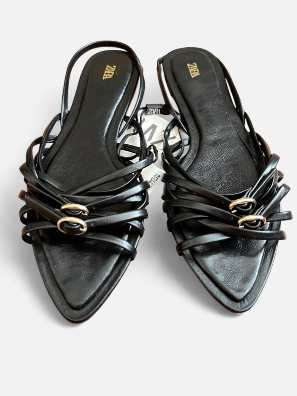 ZARA Black Strappy Pointed Slingback Flats with Gold Accents